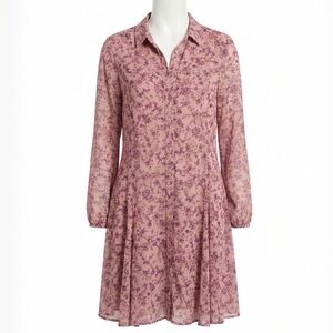 Lucky Brand Mauve Purple Floral Button Down Shirt Dress Large L Boho Midi Collar
